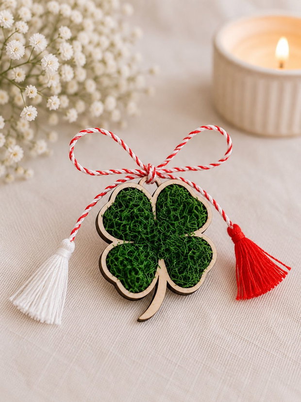 Mărțișor handmade cu licheni stabilizați în formă de trifoi