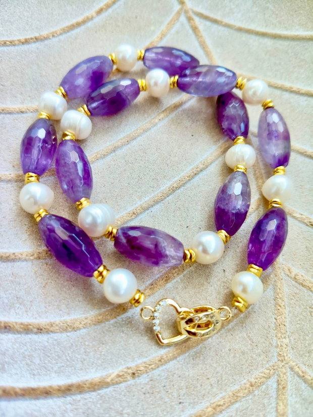 Colier vintage Ametist & perle albe de cultura