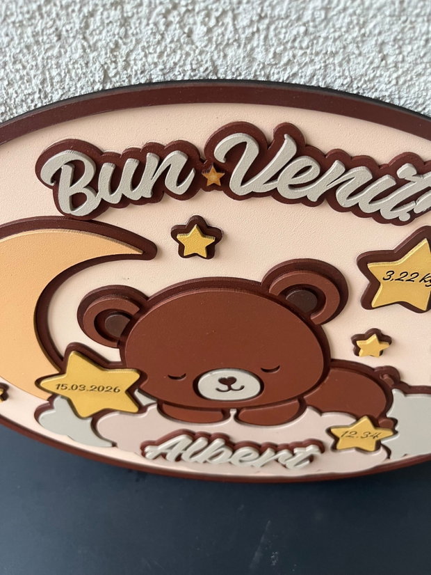 Decoratiune Personalizată Nou Nascut cu datele nasterii, Tablou 3D din MDF Cameră Copil