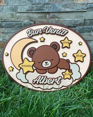 Decoratiune Personalizată Nou Nascut cu datele nasterii, Tablou 3D din MDF Cameră Copil