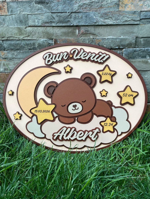 Decoratiune Personalizată Nou Nascut cu datele nasterii, Tablou 3D din MDF Cameră Copil