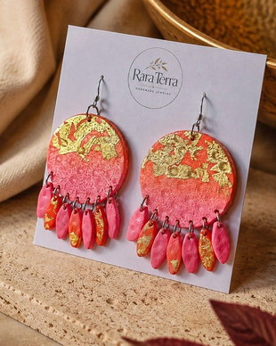 Cercei statement Solstice  Rosefire | Lut polimeric, foiță aurie | RaraTerra Solstice Collection