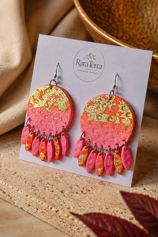 Cercei statement Solstice Rosefire | Lut polimeric, foiță aurie | RaraTerra Solstice Collection