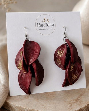 Cercei statement Botanica  Velvet Wine | Lut polimeric și foiță aurie | RaraTerra