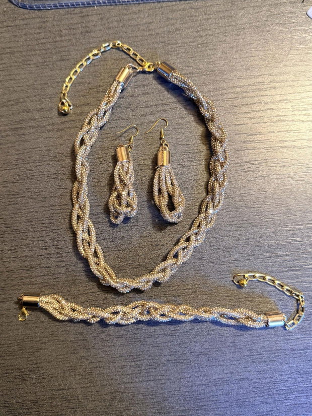 Set Luxury Golden Braid  Colier, Brățară și Cercei din Șnur cu Strasuri