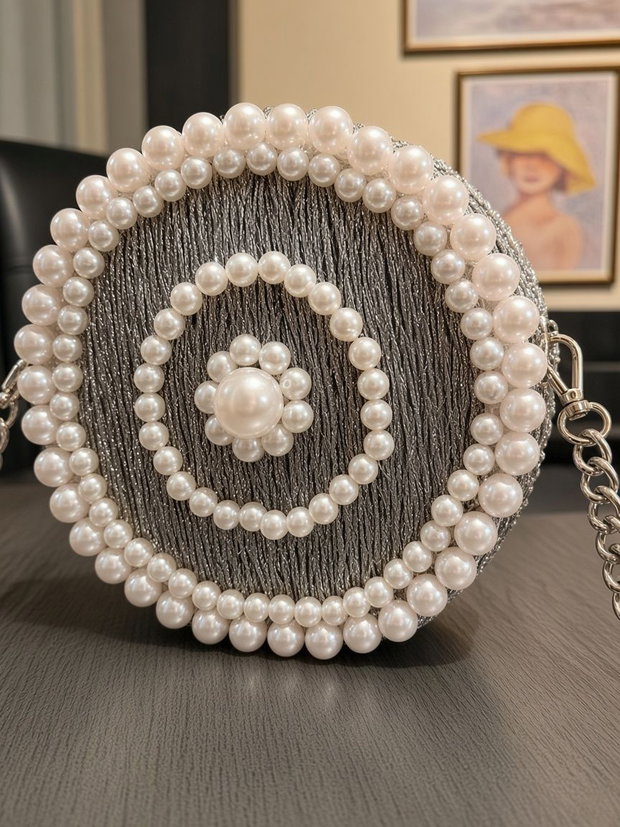 Geantă Statement Circulară Silver Pearl Mandala  Realizată Manual