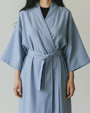 Kimono gri albastrui din in lucrat manual