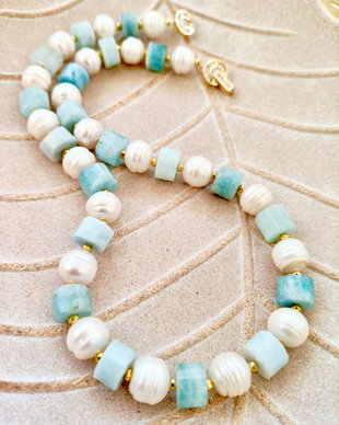 Colier Aquamarin / acvamarin & perle de cultura baroc albe