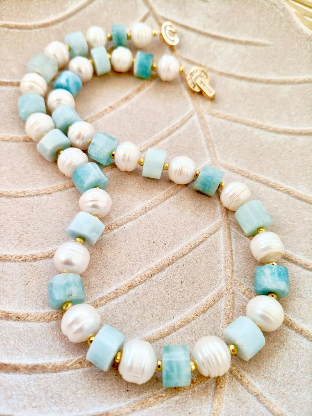 Colier Aquamarin / acvamarin & perle de cultura baroc albe