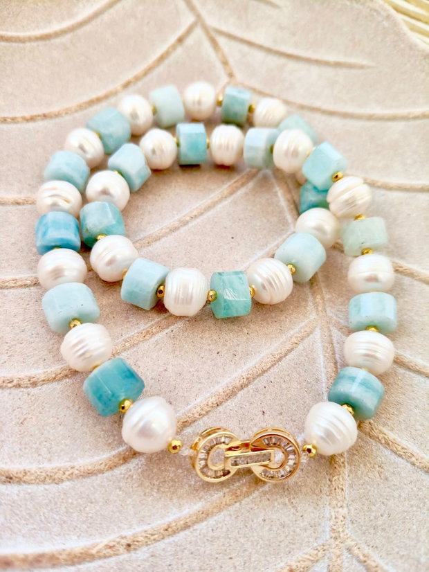 Colier Aquamarin / acvamarin & perle de cultura baroc albe
