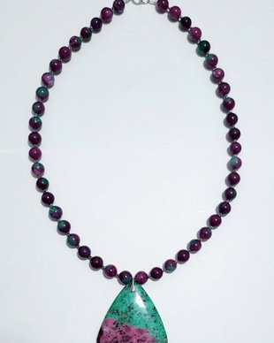 Colier argint 925 cu jad verde-mov, ruby zoisit si hematit