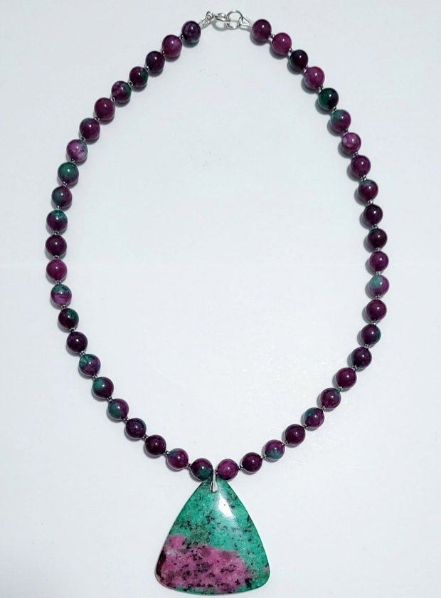 Colier argint 925 cu jad verde-mov, ruby zoisit si hematit