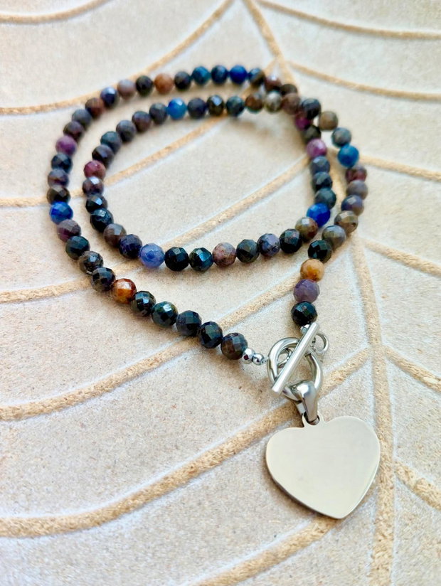 Colier CHOKER safir natural & inima argintie