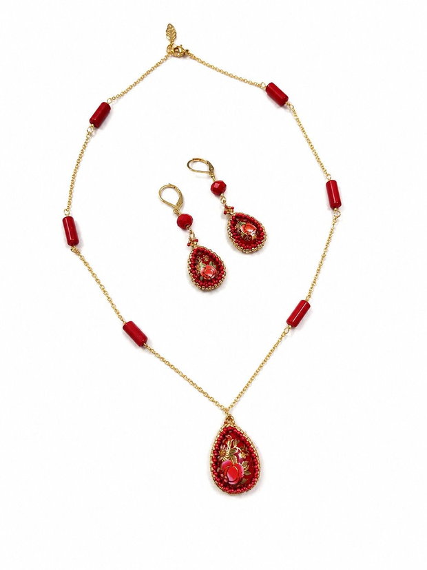 Set handmade colier și cercei cu cabochoane Tensha si coral rosu