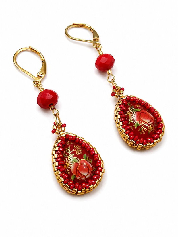 Set handmade colier și cercei cu cabochoane Tensha si coral rosu