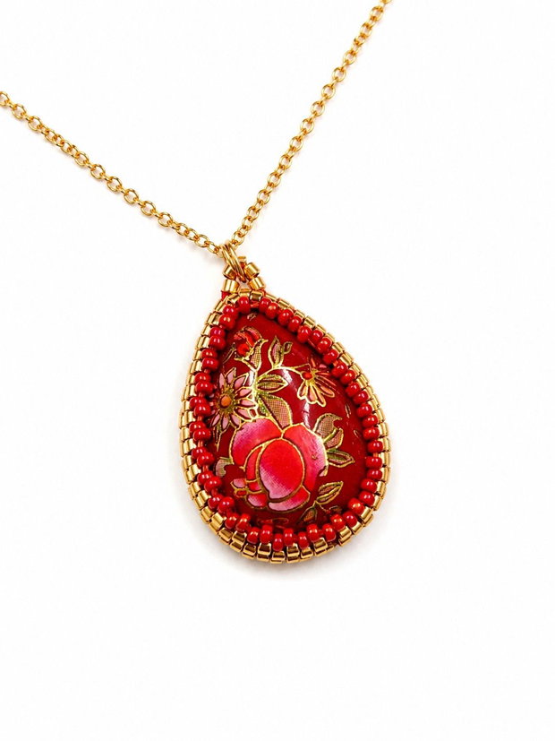 Set handmade colier și cercei cu cabochoane Tensha si coral rosu
