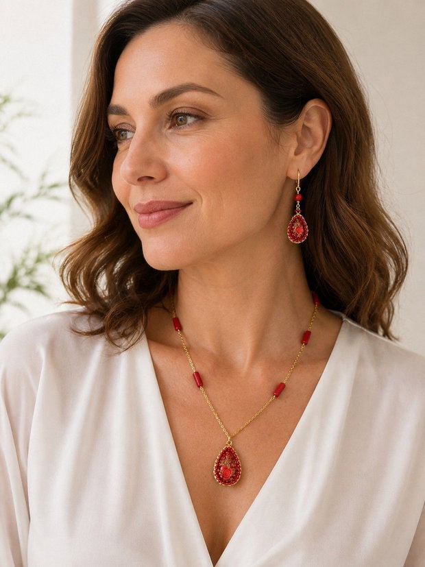 Set handmade colier și cercei cu cabochoane Tensha si coral rosu