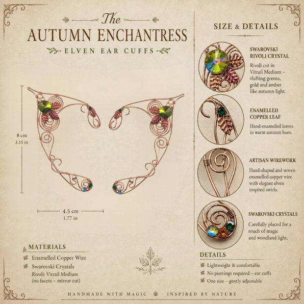 The Autumn Enchantress Cercei Ear Cuff Elven, cu cristale Swarovski