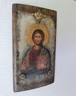 Icoană Hristos Pantocrator  imagine pe pânză de iută,cu aspect vechi și patină antică