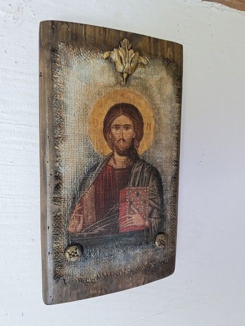 Icoană Hristos Pantocrator  imagine pe pânză de iută,cu aspect vechi și patină antică