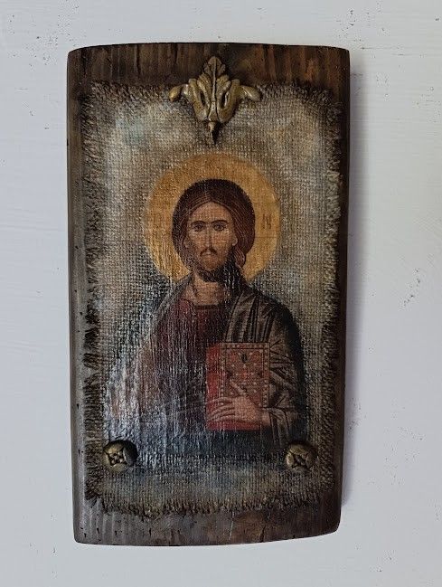 Icoană Hristos Pantocrator  imagine pe pânză de iută,cu aspect vechi și patină antică