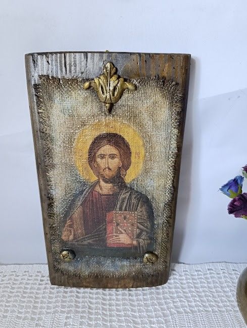 Icoană Hristos Pantocrator  imagine pe pânză de iută,cu aspect vechi și patină antică