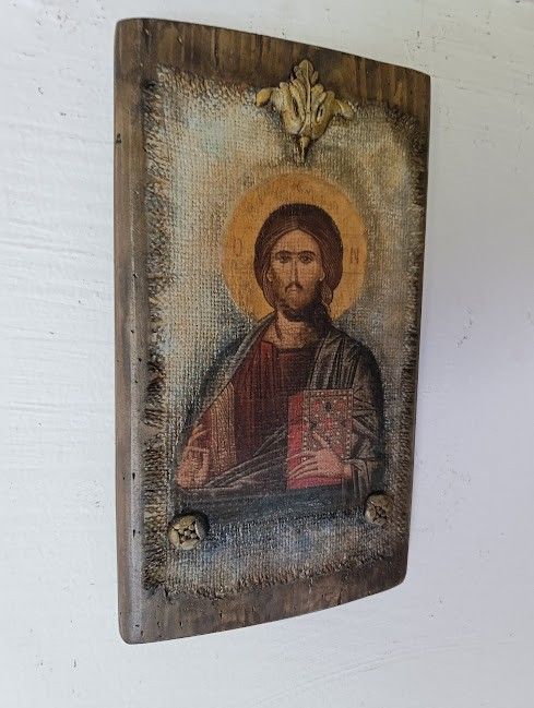 Icoană Hristos Pantocrator  imagine pe pânză de iută,cu aspect vechi și patină antică