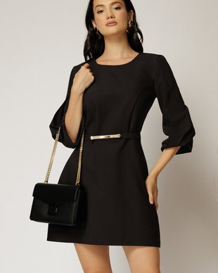 Rochie scurta neagra din stofa cu maneci bufante si curea in talie