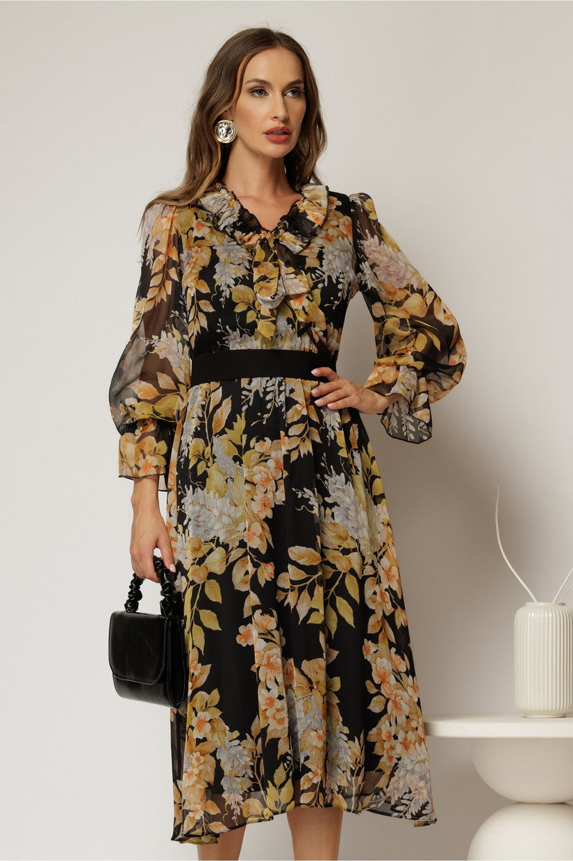 Rochie midi neagra din voal cu imprimeuri bej si funda la decolteu