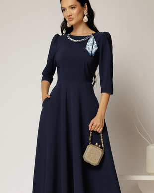 Rochie DY Fashion bleumarin clos cu lantisor si esarfa