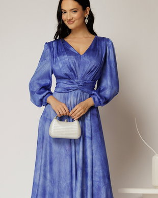 Rochie Gina midi albastra din voal cu sidef in clos