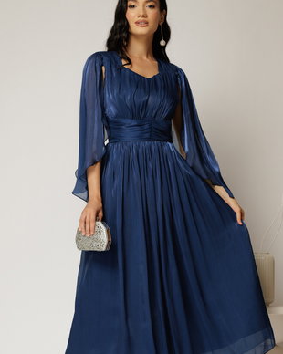 Rochie midi Scarlet bleumarin din voal peliculizat cu maneci ample si deolteu V