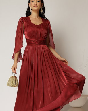Rochie midi Scarlet bordo din voal peliculizat cu maneci ample si deolteu V