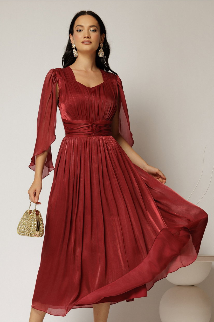 Rochie midi Scarlet bordo din voal peliculizat cu maneci ample si deolteu V