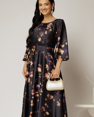 Rochie midi neagra cu imprimeuri mov si detalii la bust