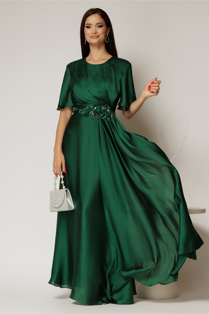 Rochie lunga verde de seara din voal cu accesoriu in talie