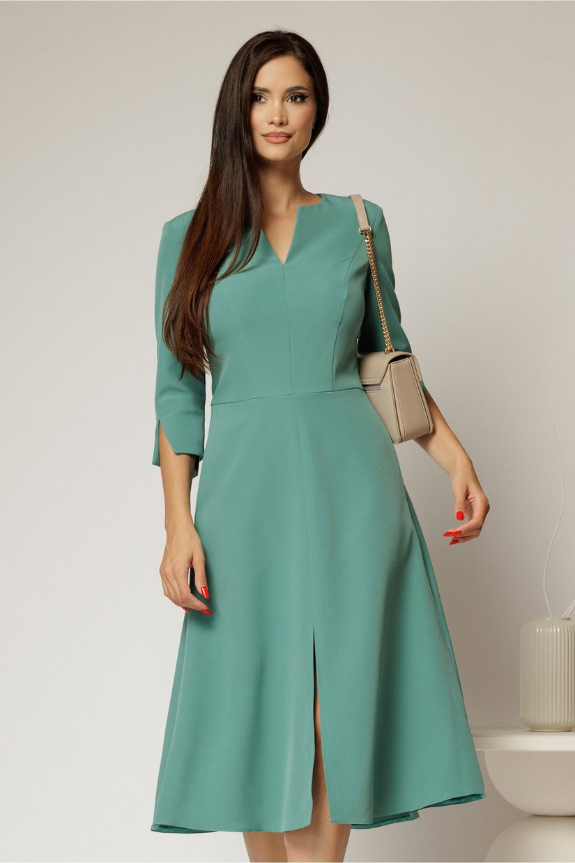 Rochie midi verde turcoaz de zi cu decolteu V si croi clos