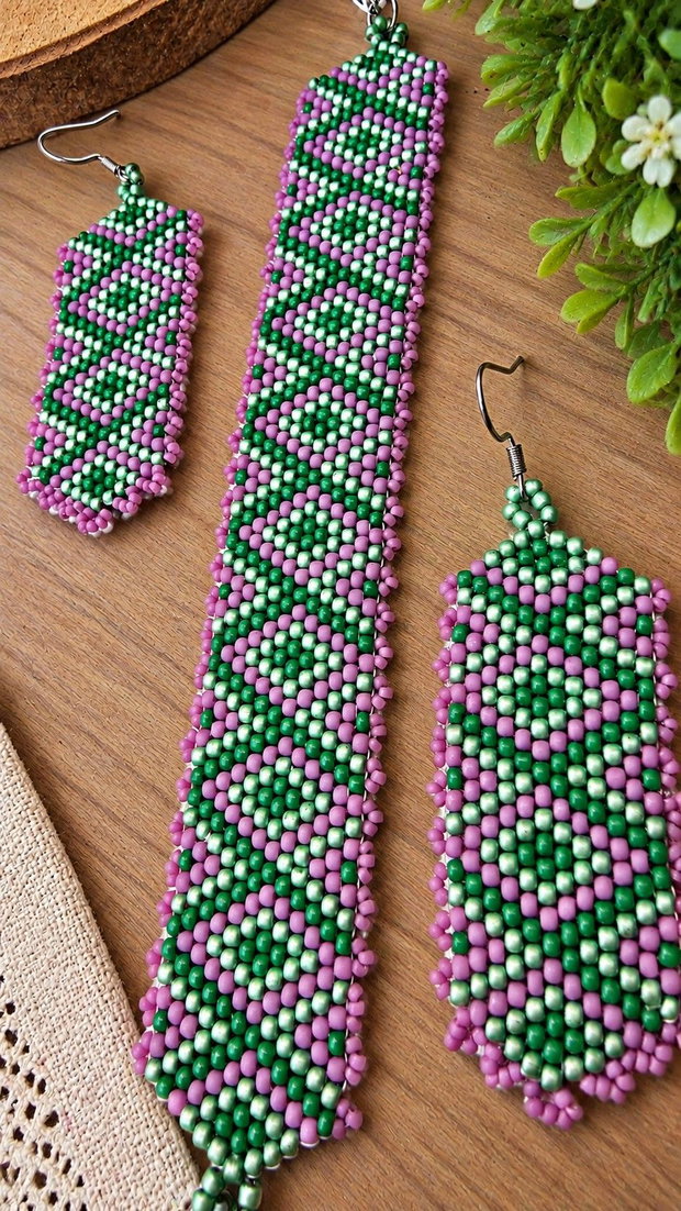Set brățară și cercei din mărgele TOHO verde, verde mentă & mov