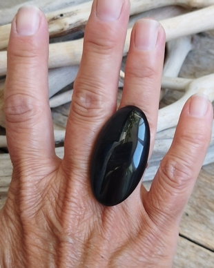 Inel masiv obsidian / reglabil, argint rodiat