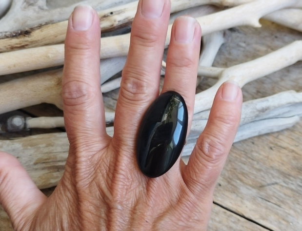 Inel masiv obsidian / reglabil, argint rodiat
