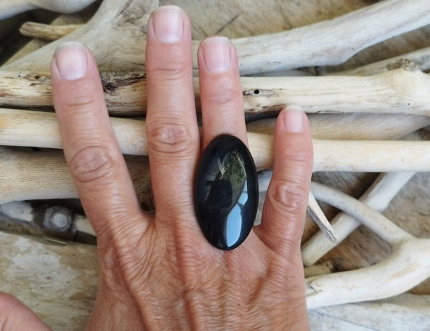 Inel masiv obsidian / reglabil, argint rodiat