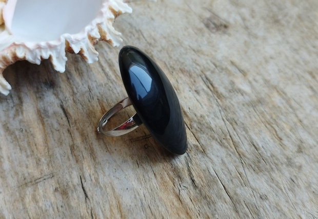 Inel masiv obsidian / reglabil, argint rodiat