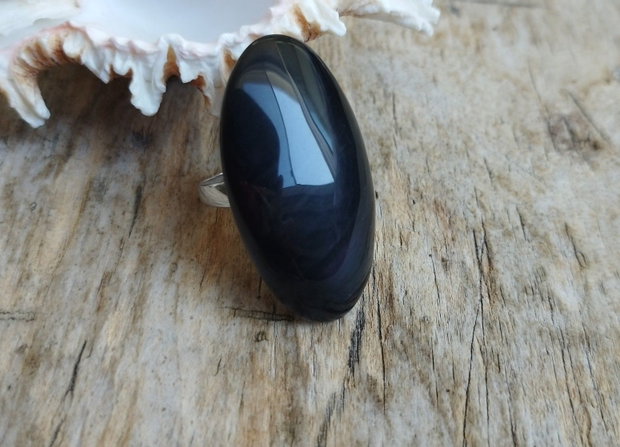 Inel masiv obsidian / reglabil, argint rodiat
