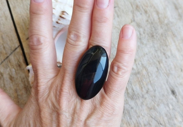 Inel masiv obsidian / reglabil, argint rodiat