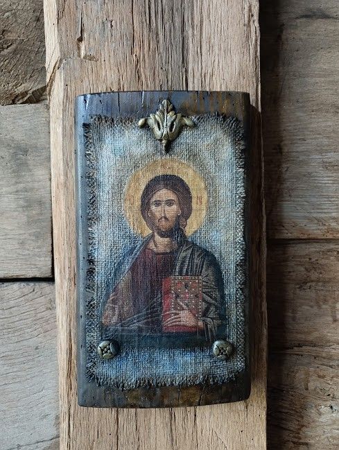 Icoană Hristos Pantocrator -imagine pe pânză de iută,cu aspect vechi și patină antică