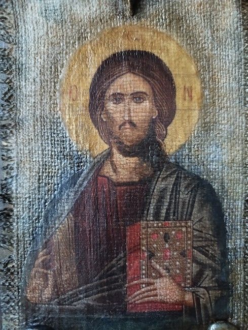 Icoană Hristos Pantocrator -imagine pe pânză de iută,cu aspect vechi și patină antică