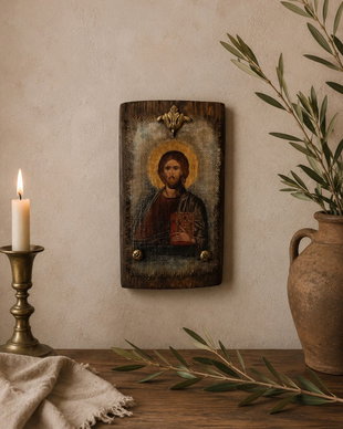 Icoană Hristos Pantocrator -imagine pe pânză de iută,cu aspect vechi și patină antică