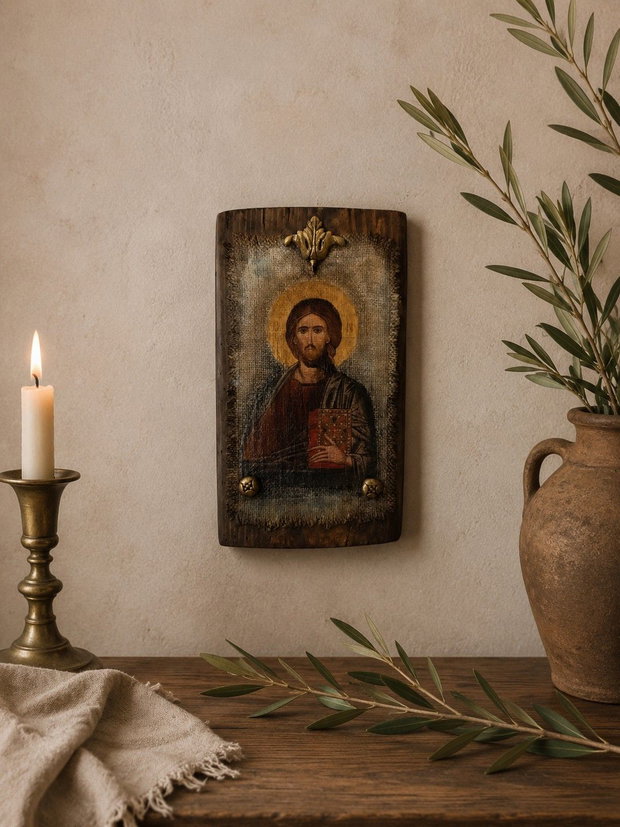 Icoană Hristos Pantocrator -imagine pe pânză de iută,cu aspect vechi și patină antică