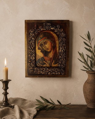 Icoană antichizată cu Fecioara Maria -ramă decorată, piesă unicat handmade