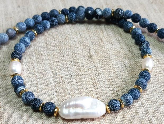 Colier cu agate crakle si perl baroc